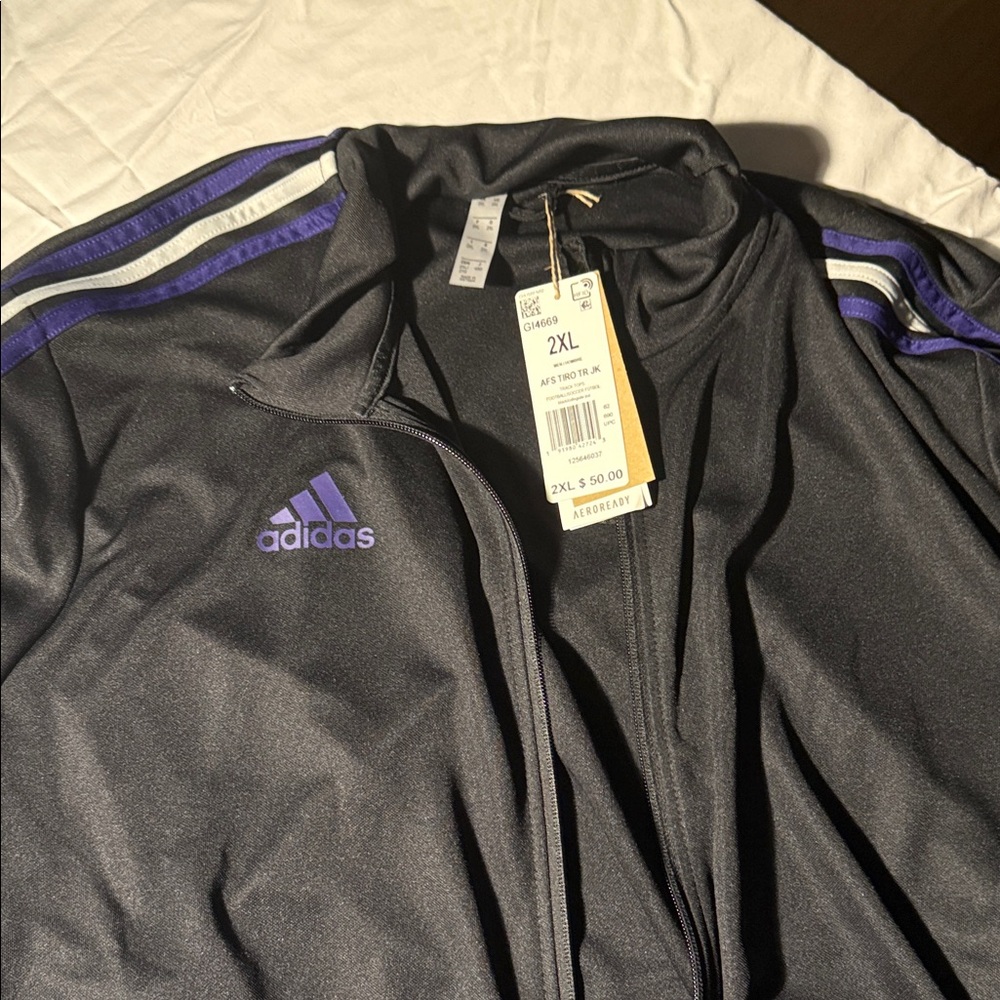 Adidas Black Jacket with Purple and white Stripes